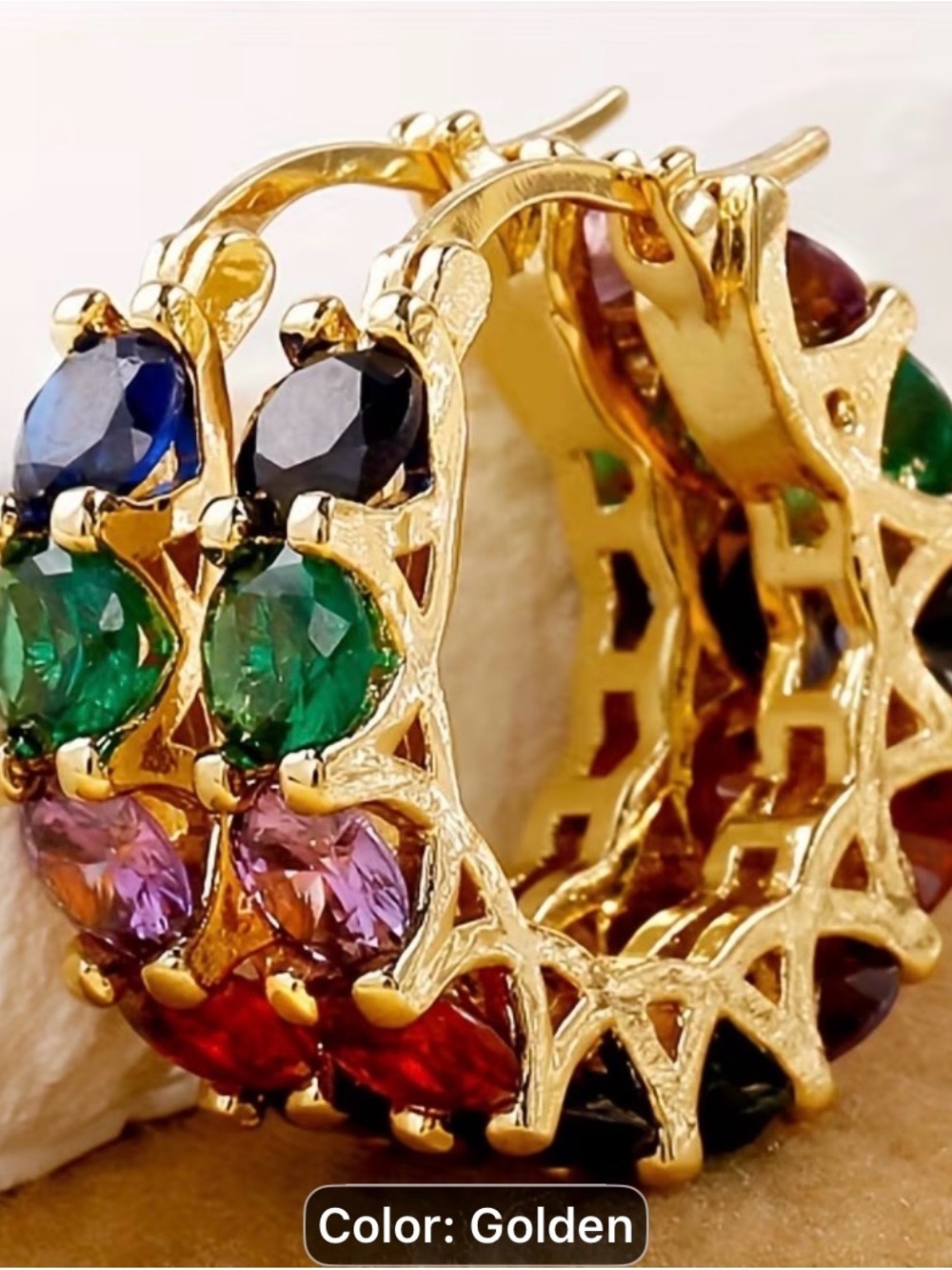 Golden Multi-Color Gemstone- Rainbow rhinestone Hoop Earrings-high quality